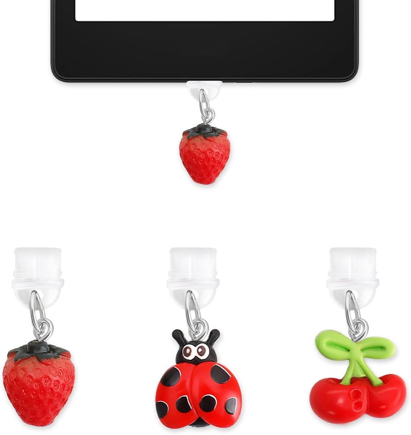 QPIXVB 3PCS Dust Plug Charm Type C,Kindle Dust Plug Charm,kindle charms,fruit Charms for E-Reader,Strawberry kindles colorsoft accessories for Readers Book Lover Women Teachers Students,colleagues Gifts - Image 1